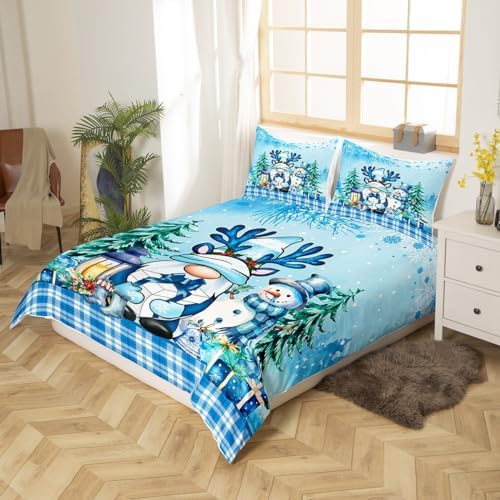 Merry Christmas Kids Duvet Cover Set Queen Size,Cartoon Santa Claus Snowman Snowflake Bedding Set,Girls Boys Adults Room Decor,Geometric Grids Pine Comforter Cover,Blue Cute Quilt Cover,2 Pillowcases - Image 3