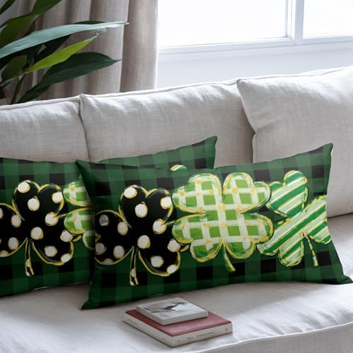 St Patricks Day Pillow Covers 12x20 Set of 2 Shamrock Clover Dark Green Throw Pillow Covers Spring Pillowcase Linen Farmhouse Decorative Buffalo Plaid Cushion Case Couch for Indoor Home Decor - Image 7