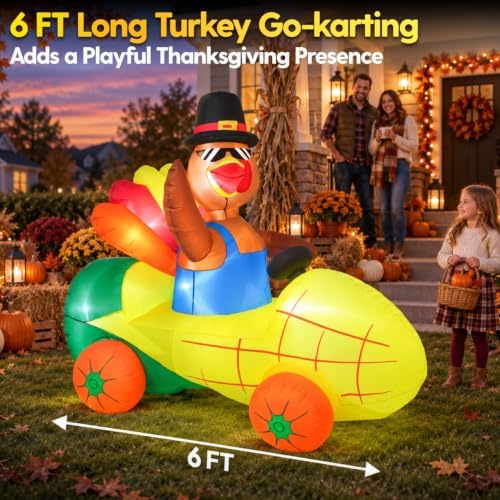 zukakii 6FT Thanksgiving Inflatable Turkey Driving Corn Car Fall inflatables with Bright Built-in LED Lights Thanksgiving Blow Up Turkey Outdoor Blow Up Yard Decoration for Harvest Fall Yard Decor - Image 2