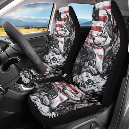 American Flag Front Car Seat Covers Set of 2, Grey Wolf Print Breathable Decorative Seat Protectors, Easy Install Stretch Fit for SUV Sedan Truck