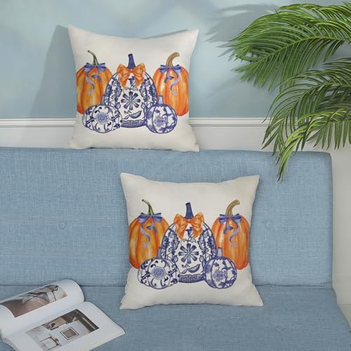 Fall Pillow Covers 20x20 Set of 2 Chinoiserie Blue and Orange Pumpkin Throw Pillows Grandmillennial Autumn Thanksgiving Decoration Pillowcase Outdoor Fall Decor Cushion Case for Couch Home - Image 4