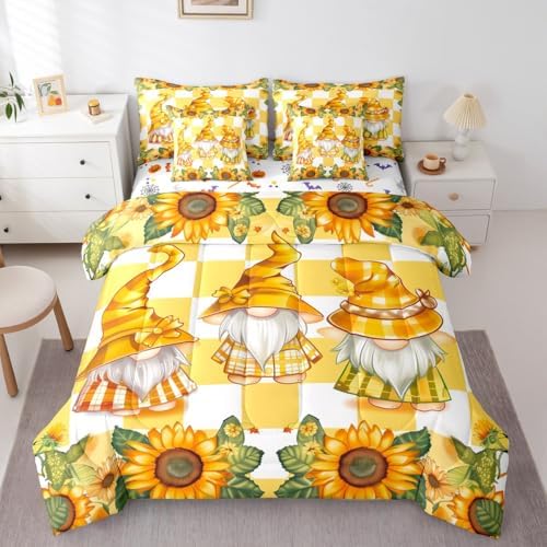 Scandinavian Gnome Comforter Set King Size with Sheets -7 Pieces Bed in a Bag Farmhouse Sunflower Bedding Sets,Cartoon Cute Kawaii Santa Dwarf Bed Set with Comforter,Sheets,Pillowcases & Shams by Erosebridal