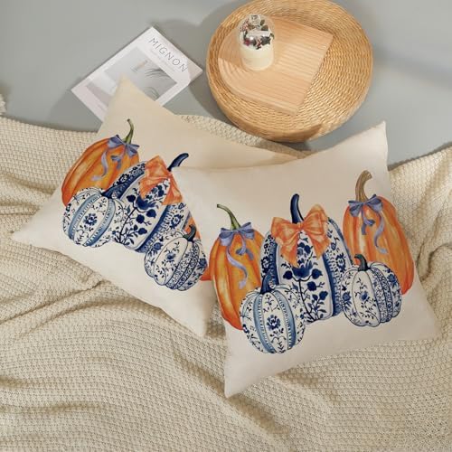 Fall Chinoiserie Pillow Covers 18x18 Set of 2 Blue and Orange Pumpkin Throw Pillows Grandmillennial Autumn Thanksgiving Decoration Pillow Cases Outdoor Fall Decor Cushion Case for Sofa Home - Image 6