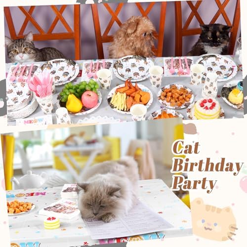 Funnymoom 452 Pcs Cat Birthday Party Decorations for 50 Guests, Cat Paper Plates Napkins Cups Tablecloth Cutlery Straws Disposable Tableware Set for Kitten Lover Birthday Party Supplies - Image 4