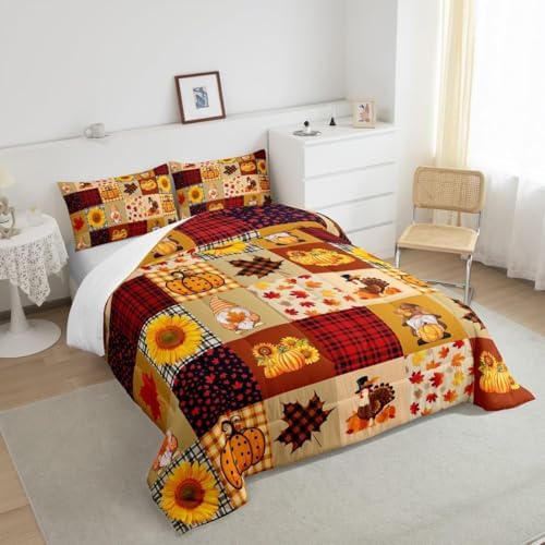 Vintage Fall Comforter Set Queen Size Pumpkin Maple Leaf Sunflower Bedding Set Kids Girls Rustic Farm Plants Quilt Set Teens Women Thanksgiving Turkey Gnome Duvet Insert 3Pcs Yellow Red Plaid - Image 4