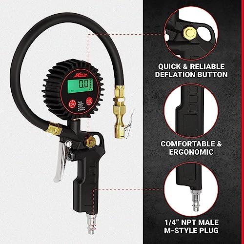 Milton 507KIT Digital Tire Inflator Car Accessories w/Accurate Air Tire Pressure Gauge, 14” Rubber Air Hose – 250 PSI, Brass Lock-On Clip Air Chuck and Compressor Accessories