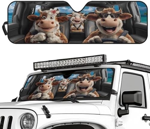 Renewold Car Windshield Sun Shade Auto Sunshade Fit for Jeep Wrangler JK JKU JL JLU Front Window Sun Shield Sun Visor for Jeep Gladiator JT 2020-2023 Funny Cow Driving Keep Cool Interior Accessories