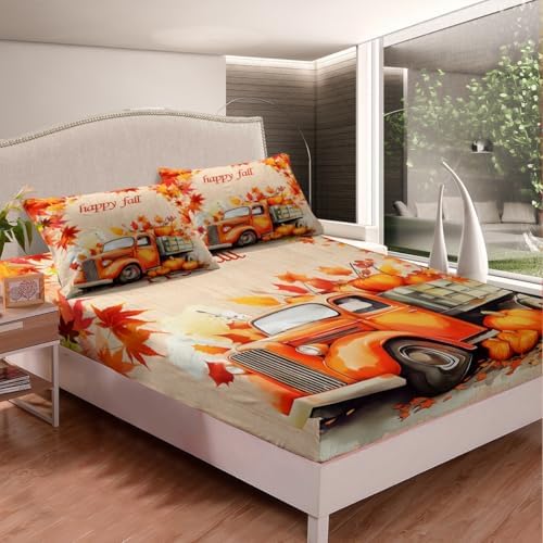 Feelyou Happy Fall Bed Sheets Set Full Size Car with Pumpkins Sheet Set for Kids Boys Girls Decor Maple Leaves Sheets with Deep Pocket Fitted Sheet Beige Orange - Image 3