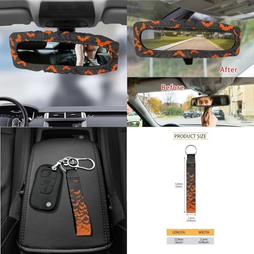 Car Seat Cover Sets Car Steering Wheel Cover Seat Belt Cover Trash Bin Air Vent Storage Box Front Rear View Mirror Car Cup Holder Keychain 15Pcs Car Accessories, Spooky Bats