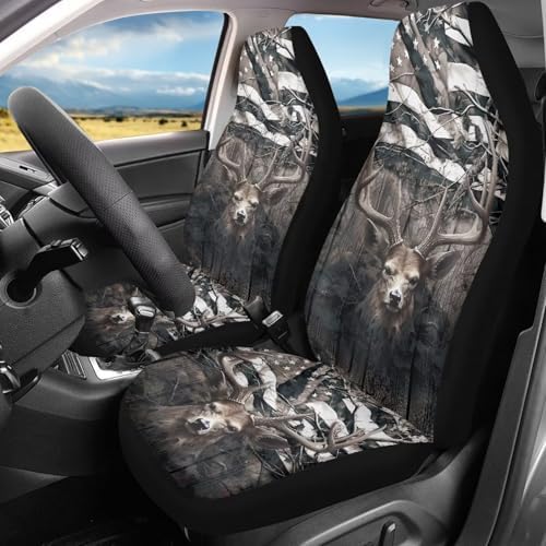 Car Seat Covers 2 Pcs, Waterproof Universal Camo American Flag Deer Hunter Front Seat Protector, Easy Installation Car Interior Accessories Universal for Cars Truck SUV Van