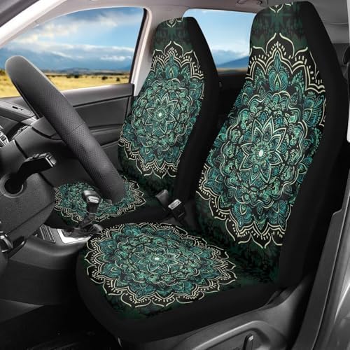 Car Seat Covers for Front Seat Breathable Green Mandala Floral Car Seats Cover Easy to Install Interior Protection Accessories Universal Fit Most Cars,SUV, Trucks