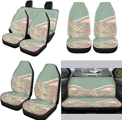 Abstract 70S Groovy Flower Auto Seat Cover Full Set for Women,12 Pack Green Swirl Wavy Auto Front Back Seat Cushion Protective Accessory with Coaster Keyring Steering Wheel Cover Armrest Pad