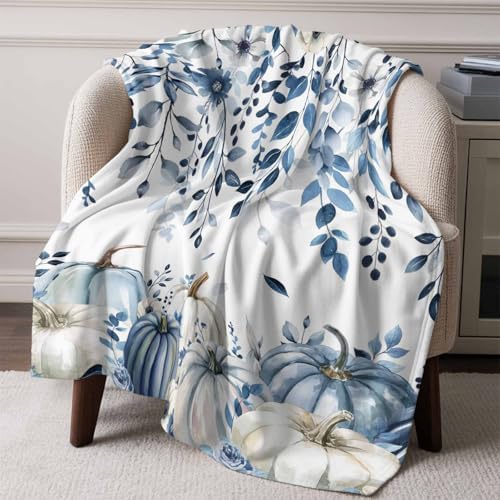 DecorLovee Blue Fall Blanket 40"x60", Reversible Thanksgiving Pumpkins Throw Blanket for Couch/Bed/Camping, Weeping Botanical Lightweight Soft Throw Blanket for Boys, Warm Fuzzy Blankets for Winter - Image 6
