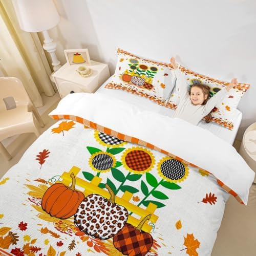 Happy Fall Kids Duvet Cover Set Full Size,Pumpkin Sunflowers Maple Leaf Bedding Set,Girls Boys Adults Room/Cabin Decor,Geometric Grids Patch Comforter Cover,Rustic Bright Quilt Cover,2 Pillowcases - Image 3