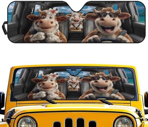 Renewold Car Windshield Sun Shade Auto Sunshade Fit for Jeep Wrangler JK JKU JL JLU Front Window Sun Shield Sun Visor for Jeep Gladiator JT 2020-2023 Funny Cow Driving Keep Cool Interior Accessories