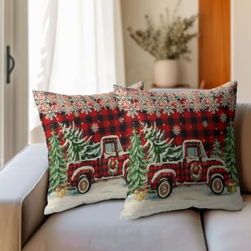 Christmas Buffalo Plaid Truck Throw Pillow Covers 18x18 Set of 2 Snowflakes - Image 4