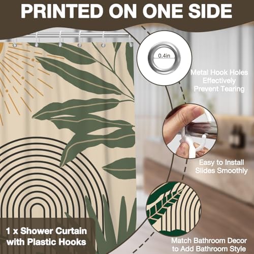 Boho Mid Century Shower Curtains for Bathroom, Modern Abstract Leaf Arch Sunset Pattern Botanical Geometric Bohemian Shower Curtain Waterproof Fabric Bath Decor with Hooks,Beige 60x72 Inch - Image 5