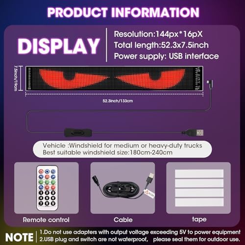 52in x 7.48in Devil's Eye LED Panel, Upgraded Programmable Dynamic Display, APP & Wireless Remote Dual Control, Custom Texts, Animations and Graphics for Trucks & RVs