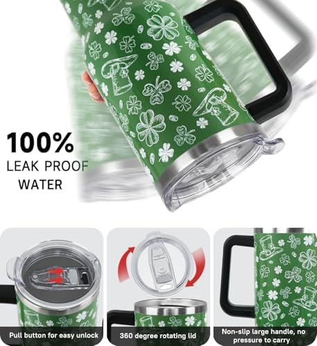 St. Patricks Day Tumbler 40oz Shamrock Tumbler Coffee Mugs Leak Proof Cups with Handle and Straw Stainless Steel Insulated Water Bottle for Lucky Irish Saint Patricks Decor Gifts(1PCS) - Image 6