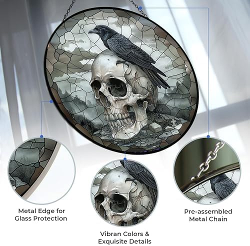 Skull Crow Suncatcher Stained Glass Window Hanging Stained Glass Suncatchers Decoration with Metal Chain Outdoor Garden Decor Gift for Women Christmas Thanksgiving Gifts - Image 2