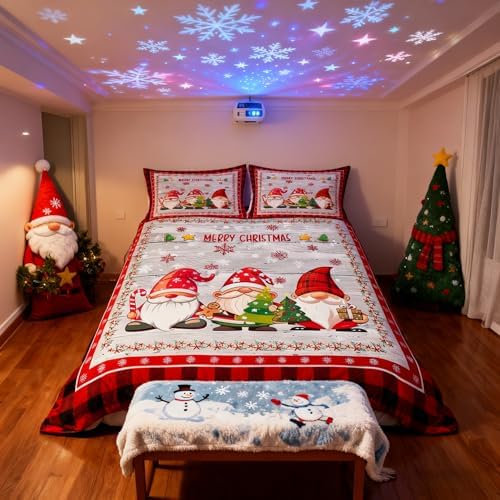Merry Christmas Kids Duvet Cover Set King Size,Cute Gnomes Snowflake Romantic Bedding Set,Girls Boys Adults Room/Cabin Decor,Geometric Grids Retro Comforter Cover,Rustic Quilt Cover,2 Pillowcases - Image 5