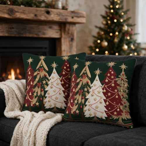 Green Christmas Pillow Covers 16x16 Set of 2, Red Gold Xmas Tree Print - Image 2