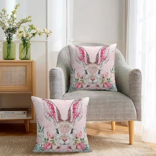 KiuLoam Easter Bunny Pillow Covers 22x22 Inch Set of 2, Pink Floral Leaf Rustic Farmhouse Decorative Throw Pillows, Easter Spring Outdoor Square Cushion Cases for Sofa Couch Bed Home Decor - Image 3