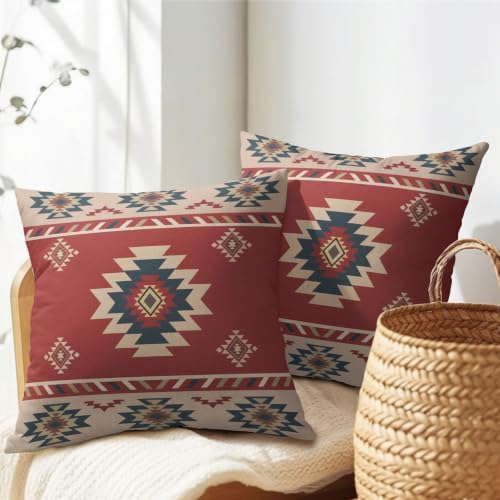 Sweetshow Red Aztec Southwest Pillow Covers Set of 2 Linen 16x16 Inches - Image 5