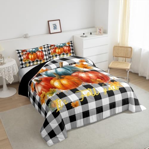 Erosebridal Pumpkin Fall Bedding Set Full Size Buffalo Grid Comforter Autum Maple Leaves Down Black White Lattice Comforters & Sets Lightweight Room Decor For Kids Boys Adults 3 Pieces - Image 4