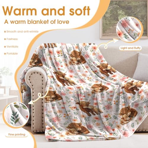 Highland Cattle Floral Blanket Flower Gifts for Women Girls Adults Kids Men Boys Birthday Christmas Halloween Easter Wife Mom Girlfriend Dad Son Husband Spring Throw Blanket 60"x80" - Image 3