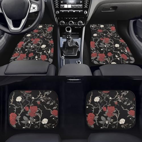 Rose Floor Mats for Cars All Weather, Vintage Red White Rose 4-Piece Carpet Vehicle Floor Mats Universal Fit, Baroque Garden Anti-Slip1st & 2nd Row Auto Interior Mat