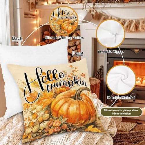Benjia Fall 18x18 Throw Pillow Covers Set of 4, Watercolor Pumpkin hut car Decorative Holiday Pillow Case 18 x 18 Autumn Cushion Covers Thanksgiving Pillowcase for Indoor Home Bedroom Sofa Decor - Image 6