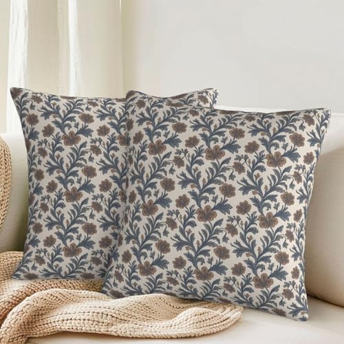 KiuLoam Blue Brown Vintage Floral Pillow Covers 16x16 Inch Set of 2 Antique Flowers Block Print Rustic Farmhouse Decorative Throw Pillows Neutral Outdoor Square Cushion Cases for Sofa Couch Bed Decor - Image 2