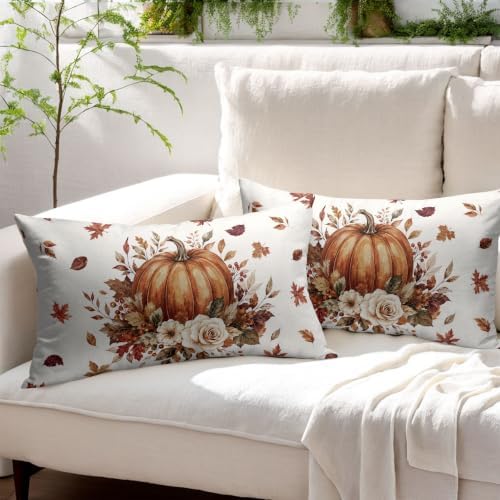 Fall Pumpkin Lumbar Pillow Covers 12x20 Set of 2 Burnt Orange Maple Leaves Floral Outdoor Throw Pillows Covers Thanksgiving Rustic Decorative Farmhouse Cushion Case for Room Couch Sofa - Image 3