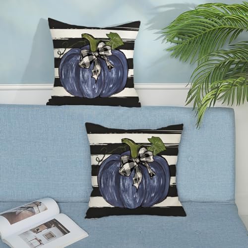 Fall Pillow Covers 18x18 Set of 2 Dark Blue Pumpkin Buffalo Plaid Fall Decor Pillowcase Autumn Thanksgiving Decorative Outdoor Throw Pillow Covers Linen Farmhouse Cushion Case for Couch Home - Image 3