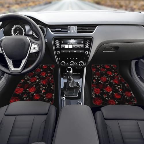 Rose Car Floor Mats 4PCS, Thorn Red Rose Rubber Non-Slip Front and Rear Floor Mats, Gothic Garden Floral All Weather Heel Pad Universal Fit SUV Van Truck