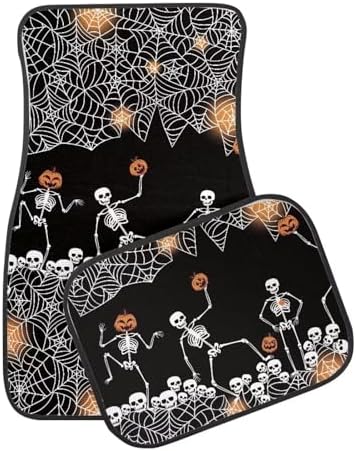 Black White Spider Web Skeleton Print Funny Halloween Car Floor Mats 4 PCS, Cute Durable Interior Accessories for Car SUV, All Weather Floor Mats with Front Rear Trunk Liners Set for Party
