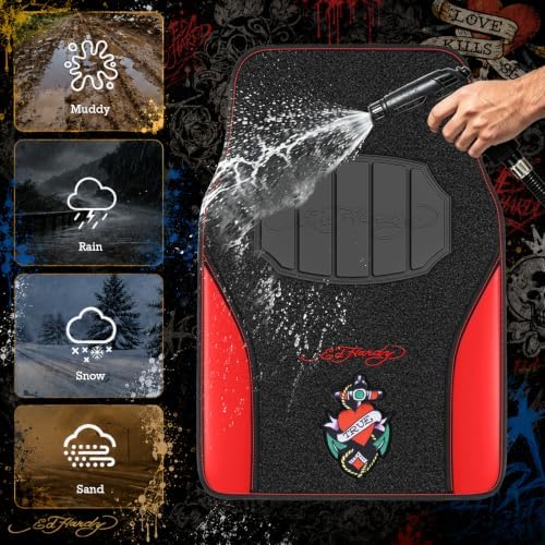 ED HARDY Heart Print Car Floor Mats, Carpet Floor Mats with Red Leather Design, Automotive Car Mats with Built-in Heel Pad & Anti-Slip Backing, Fits Most Cars, SUVs & Trucks, Durable & Odorless