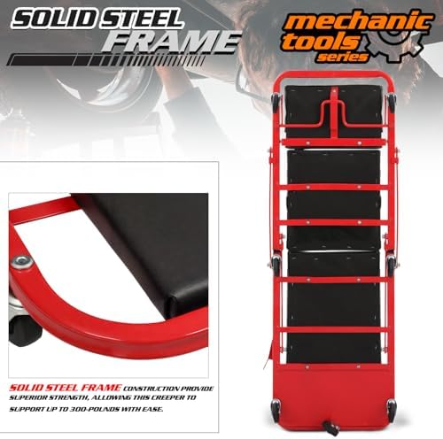 M-AUTO Heavy-Duty Convertible Mechanic Creeper, Z-Creeper 2-in-1 Creeper and Seat 48" Padded Adjustable Headrest Roller Garage Chair with 7 Swivel Casters for Washing, Detailing, Maintenance, Red - Image 5