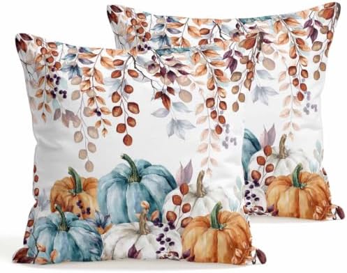 Thanksgiving Pumpkin Pillow Covers 18x18 Inch Set of 2, Eucalyptus Leaves Fall Decorations Indoor Outdoor Throw Pillow Covers, Orange Blue Linen Pillowcases for Patio Sofa Couch Bedroom Decorative by JasmineM