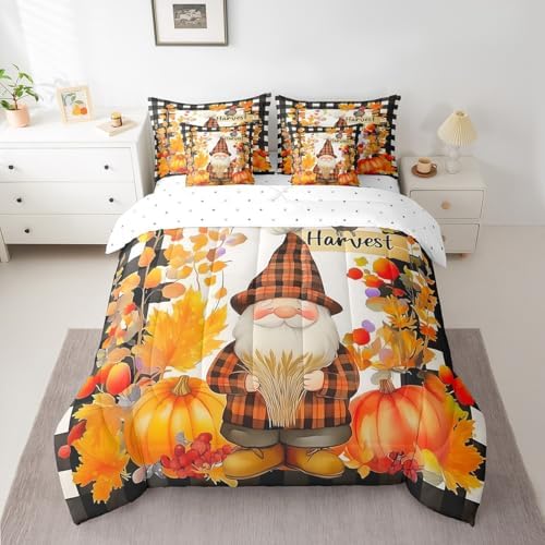 Erosebridal Fall Gnome 7 Piece Bedding Set Twin Thanksgiving Day Harvest Comforter Set with Sheets Farmhouse Maple Leaf Pumpkin Bed in A Bag for Kids Boys Girls Autumn Grids Country Bed Set - Image 2