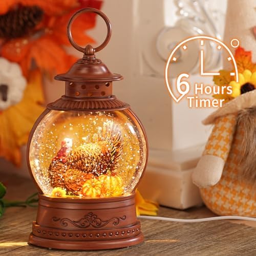 Fall Decor Snow Globe Turkey Pumpkins Lighted Lantern Thanksgiving Decor - Image 3