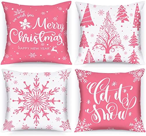 Lanpn White and Pink Christmas Throw Pillow Covers 20x20 Set of 4, 20 inch Decorative Xmas Cushion Covers Pillow Cases for Home Bedroom Room Holiday Couch Decor Decorations by Lanpn