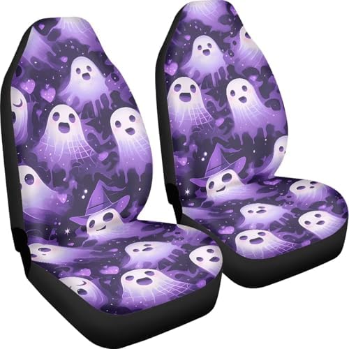 Ghost 2 Pcs Car Seat Covers Full Set, Halloween Cute Gothic Ghost Front Split Bench Seat Covers for Cars, Purple Fluid Painting Universal Seat Cover for Sedan,SUV,Truck
