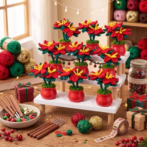 Suncalla 10 Pcs Red Lily Crochet Flowers Pot Bulk Bouquet Thank You Gifts - Image 3