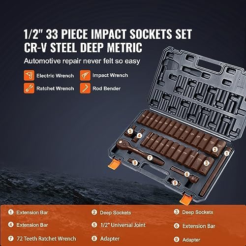 VEVOR Impact Socket Set 1/2" Drive, 33-Piece SAE (3/8 to 1 inch) & Metric (10 to 24 mm) Size, CR-V, 6 Point Standard Deep Socket Set with Extension Bar, Universal Joint, Adapter, Reducer - Image 3