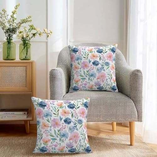 KiuLoam Spring Pillow Covers 20x20 Inch Set of 2, Blue Pink Watercolor Floral Leaf Rustic Farmhouse Decorative Throw Pillows, Spring Outdoor Square Cushion Cases for Sofa Couch Bed Home Decor - Image 3