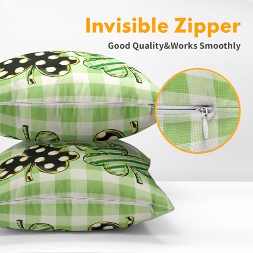 St Patricks Day Pillow Covers 22x22 Set of 2 Shamrock Clover Sage Green Throw Pillow Covers Spring Pillowcase Linen Farmhouse Decorative Buffalo Plaid Cushion Case Couch for Indoor Home Decor - Image 5