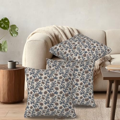 KiuLoam Blue Brown Vintage Floral Pillow Covers 16x16 Inch Set of 2 Antique Flowers Block Print Rustic Farmhouse Decorative Throw Pillows Neutral Outdoor Square Cushion Cases for Sofa Couch Bed Decor - Image 6