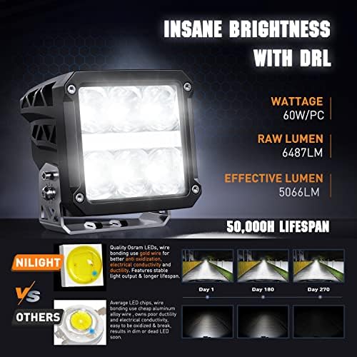 Nilight Pro Series 4 Inch Square LED Pod Light Kit with DRL 60W 6487LM